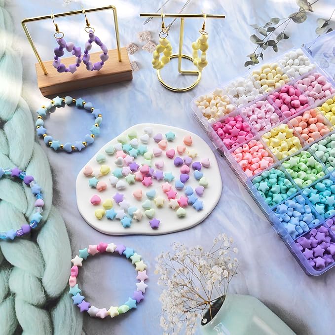 1000Pcs Matte Acrylic Star Beads Hart Beads for Jewelry Making, Macaron Colors Frosted Pastel Bead Colorful Assorted Cute Aesthetic Kawaii Bead for Bracelet DIY Craft Earring Phone Charm