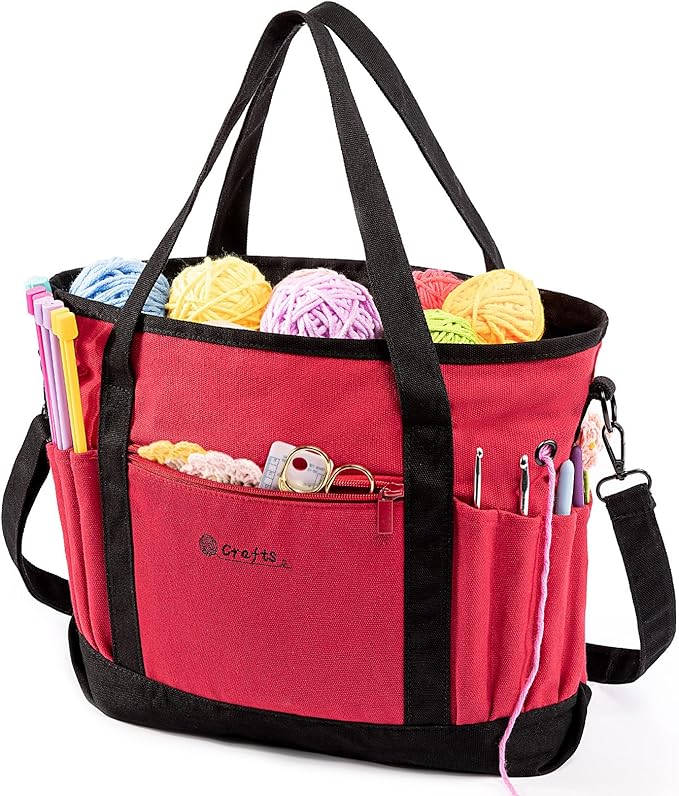 Canvas Yarn Storage Organizer Bag Washable Crochet Bag with Pockets for Yarn, Hooks, Needles – Travel Knitting Tote for Crafters – Gift for Crocheters & Knitters (Medium/Large)