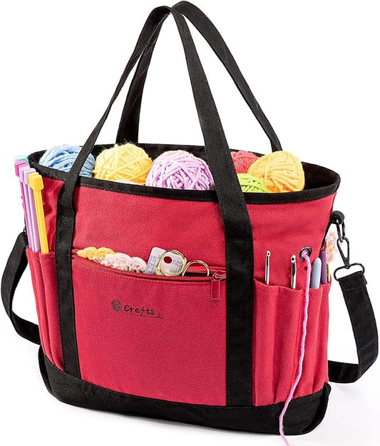 Canvas Yarn Storage Organizer Bag Washable Crochet Bag with Pockets for Yarn, Hooks, Needles – Travel Knitting Tote for Crafters – Gift for Crocheters & Knitters (Medium/Large)