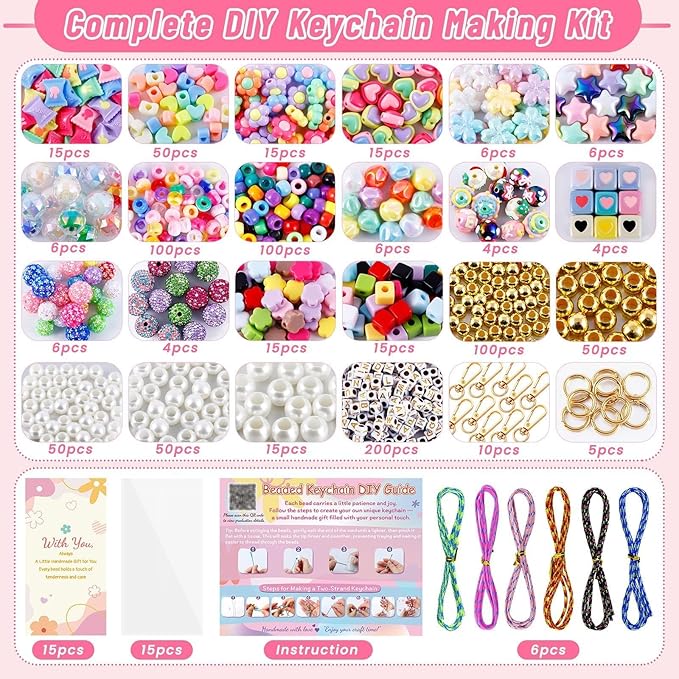 Wurosi 865 Pcs Bead Keychain Kit, DIY Bead Keychain Making Kit, Bag Charm Kit with Acrylic Heart Flower Alphabet Beads Key Chain Supplies for Jewerly Making Kit