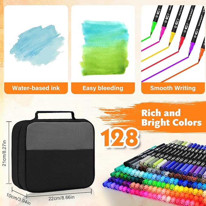 Dual Brush Marker Pens,128 Colors Art Markers Set with Fine & Brush Tip for Kids Adult Coloring Book, Bullet Journaling, Drawing, Note Taking, Planner, Hand Lettering, Calligraphy, Art Supplies Kit