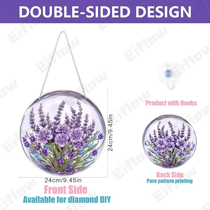 Eiflow DIY Hanging Diamond Art Kit Purple Flower, Acrylic Diamonds Painting Pendant Board Kit, 5D Gem Art Ornament Kit for Adults, Double Sided(9.4x9.4inch)