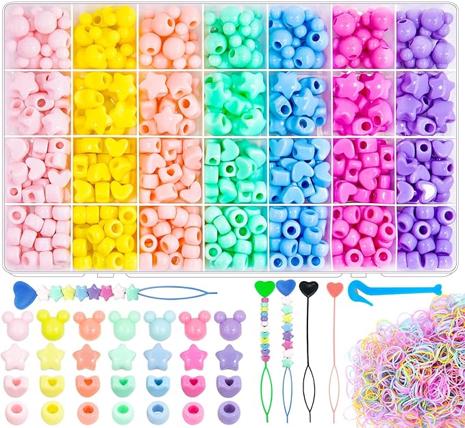 Wavlakth 1460 Pcs Hair Braid Bead Kit, Acrylic Heart Star Pony Bead Mouse Head Pastel Beads with Elastic Bands Salon-Grade Braiding & Jewelry Making Supplies for Professional Stylists & DIY Crafters