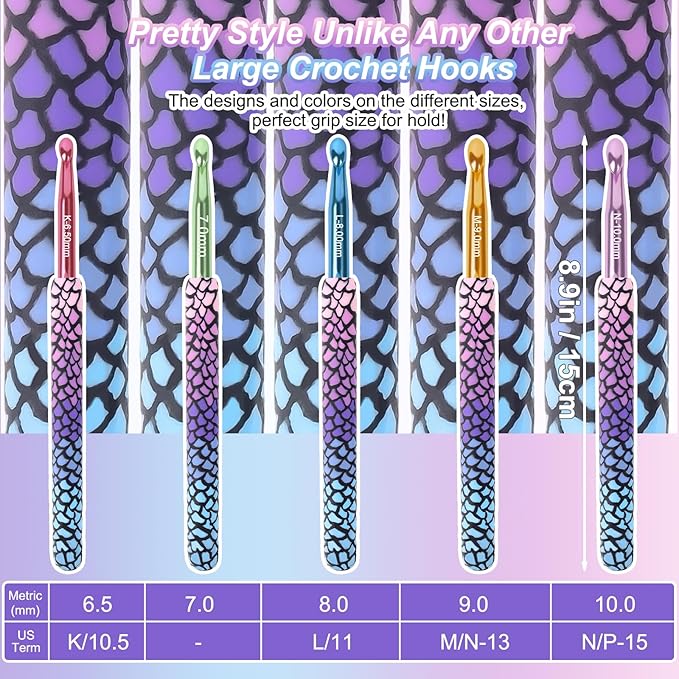 Coopay Large Crochet Hooks 10mm 9mm 8mm 7mm 6.5mm Crochet Hook Set for Crocheting, Mermaid Crochet Needles for Arthritic, Warm Crochet Hooks for Chunky Yarn, Pretty Knitting & Crochet Supplies
