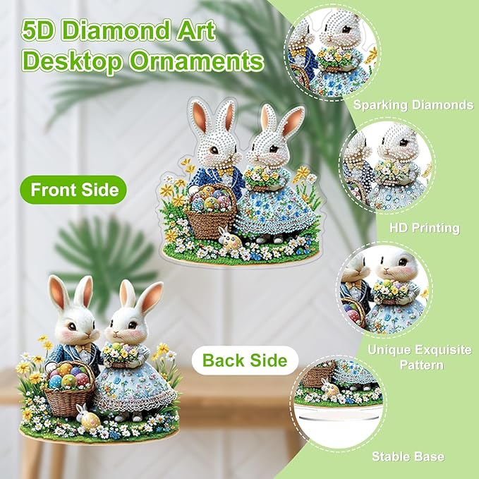 TOSTOG Rabbit Couple Tabletop Diamond Art Kits for Adult, Desktop Diamond Painting for Beginners, 5D DIY Stand Up Crafts Gem Art, Waterproof Full Accessories for Home Decor Idea 20 * 20 cm/8 * 8 in