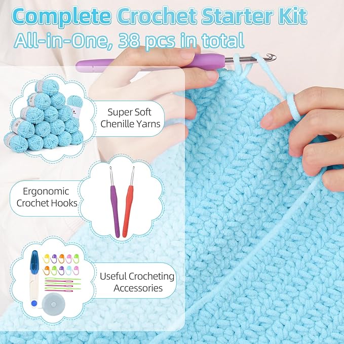 Aeelike Blanket Crochet Kit for Beginners, Easy Crochet Blanket Kit with Soft Chenille Yarns Detailed Instruction Crocheting Accessories Complete Beginners Crocheting Kits, Sea Blue