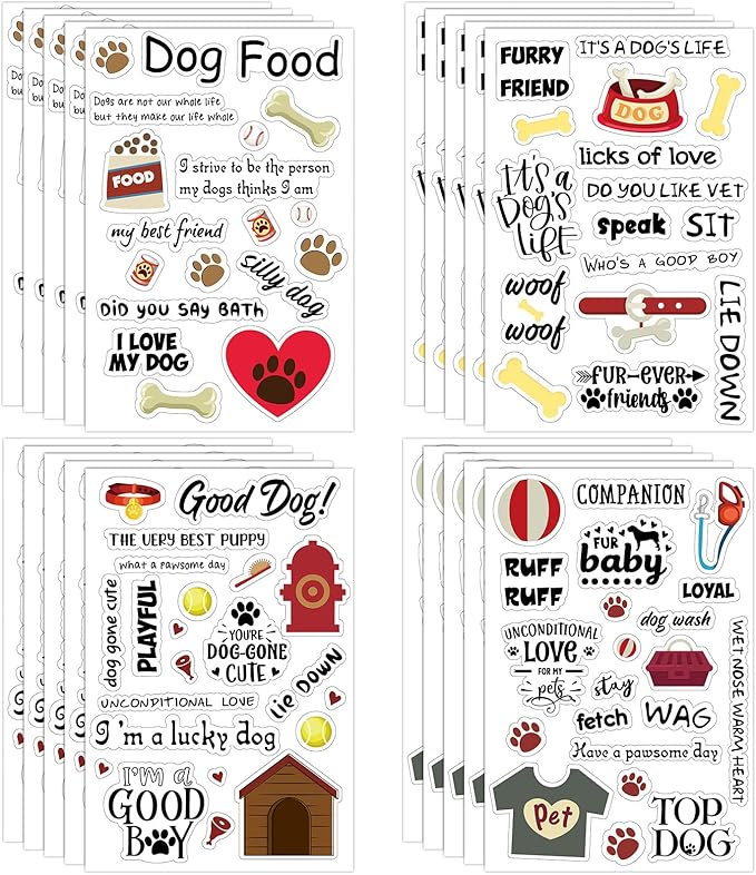 Geyee 20 Sheets Scrapbook Dog Stickers Dog Phrases Clear Waterproof Puppy Paw Print Stickers with Sayings Word for Adult Scrapbooking DIY Crafts Album Laptop Decor, 4 x 6 Inch