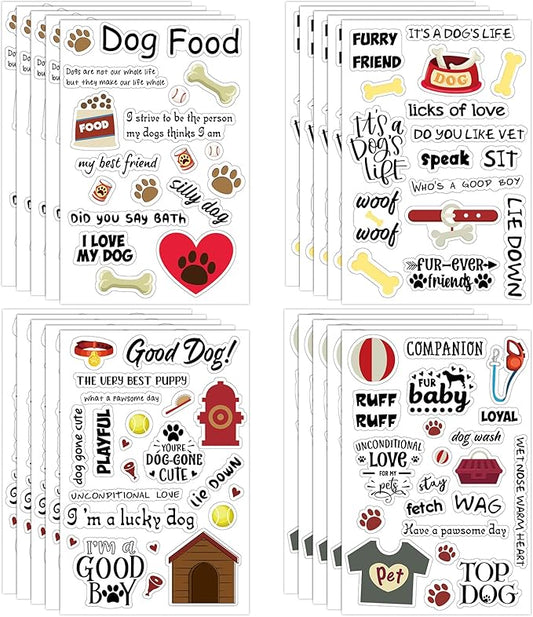Geyee 20 Sheets Scrapbook Dog Stickers Dog Phrases Clear Waterproof Puppy Paw Print Stickers with Sayings Word for Adult Scrapbooking DIY Crafts Album Laptop Decor, 4 x 6 Inch