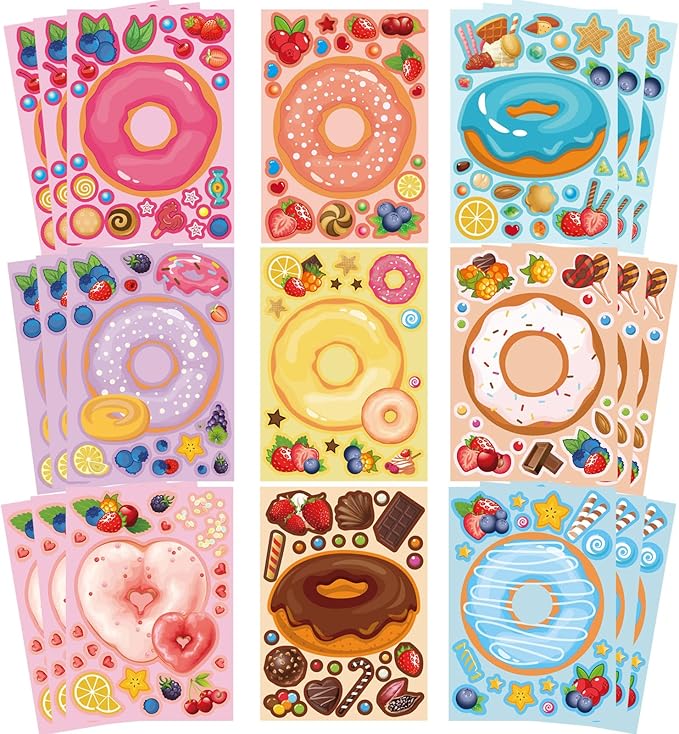 27 sheets make a face donut stickers for kids make your own dessert stickers mix and match sweets and treats fruit, donut themed birthday gifts diy art crafts party favors supplies decorations