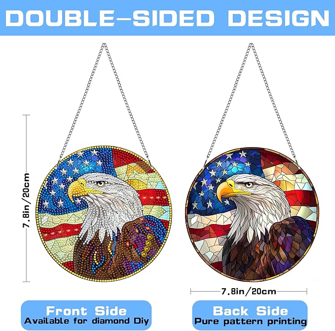 VAIIEYO Eagle Diamond Art Hanging,National Flag Diamond Painting Suncatchers Double Side Window Hanging Kit with Chain, 7.5x7.5 inch Crystal Pendant Art Craft for Gift Home Wall Front Door Decoration