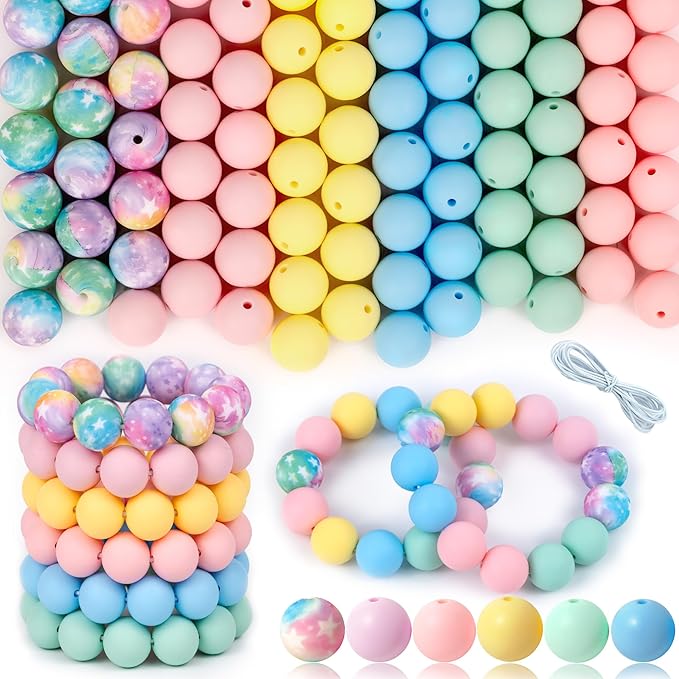 120 Pcs Silicone Beads for Keychain Making 15mm Bracelets Yellow Green Blue Mixed 6 Colors Silicone Round Beads Bulk for Crafts Pens Making
