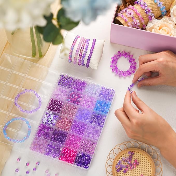 1200PCS 6mm Purple Glass Beads for Bracelets, 24 Colors Assorted Violet Series Crystal Beads Bracelets Making Kit and Jewelry Making, Round Purple Beads for Friendship Bracelet Earring Necklace Crafts
