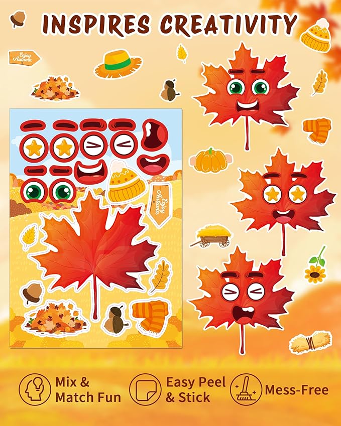 aowplc 48 sheets fall make a face stickers, 12 designs fun fall crafts for kids, autumn festival party favors, classroom activities & games