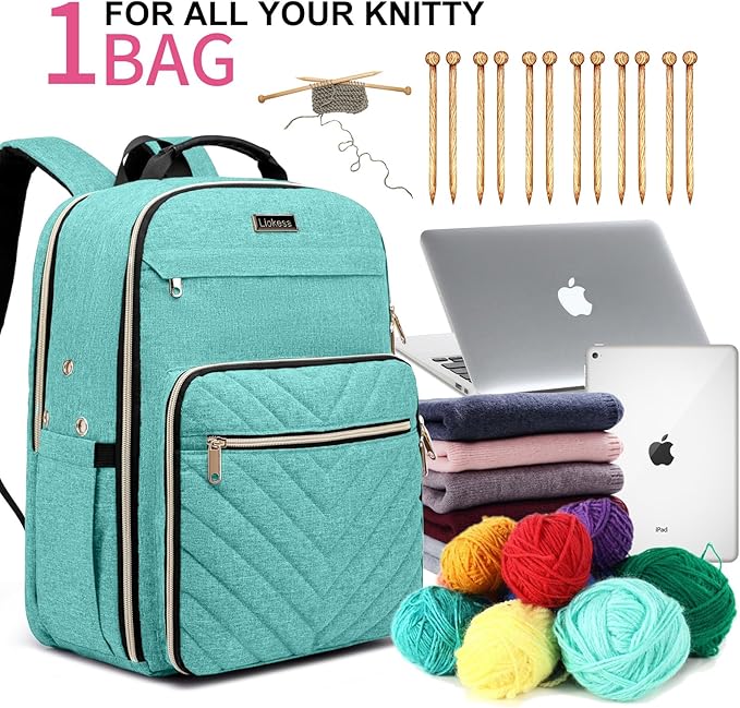 Liokesa Knitting Bag Backpack, Crochet Bag Tote, Large Yarn Storage Tote Bag with USB Charging Port, Yarn Holder Case for Carrying Projects, Knitting Needles, Yarn Supplies, Light Green