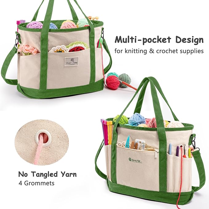 Canvas Yarn Storage Organizer Bag Washable Crochet Bag with Pockets for Yarn, Hooks, Needles – Travel Knitting Tote for Crafters – Gift for Crocheters & Knitters (Medium/Large)