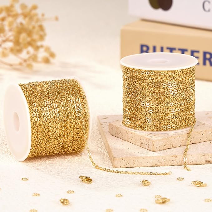 Crisjanggo 2 Rolls Total 65.6 Feet Stainless Steel Chains Gold Plated Cross Jewelry Chain Roll for DIY Jewelry Bracelet Necklace Making with Lobster Clasps Jump Rings