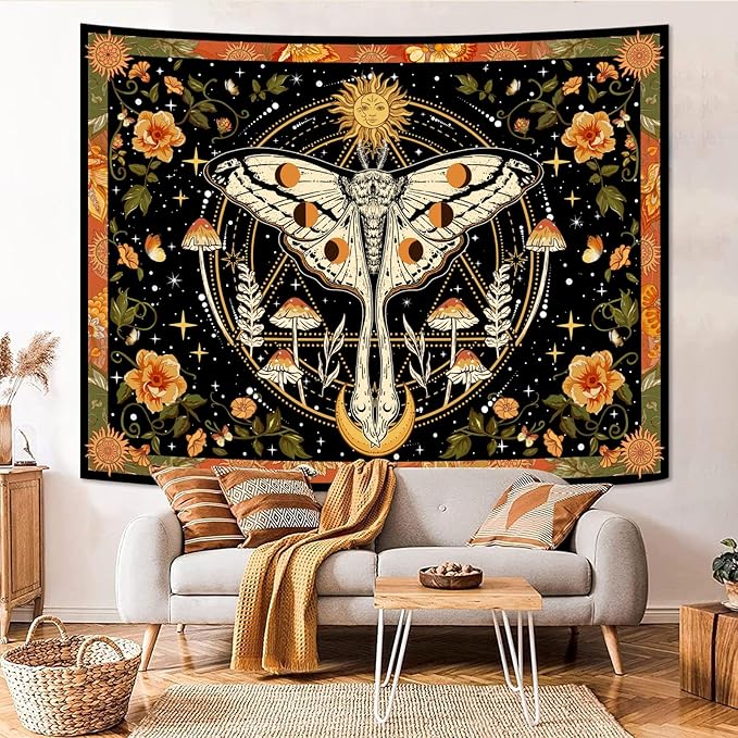 aipon orange moth tapestry boho retro floral flowers tapestries aesthetic vintage mushroom tapestries for bedroom indie sun moon tapestry wall hanging for living room dorm (60'' × 44'')