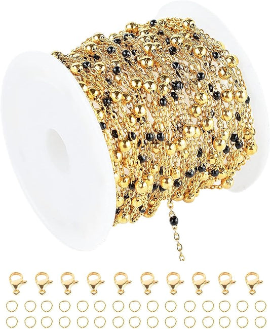 UMAOKANG 16.4 Feet Gold Chain for Jewelry Making Golden Black Ball Bead Link Chain Roll Necklace Anklet DIY Jewelry Supplies with Lobster Clasps and Jump Rings Bulk