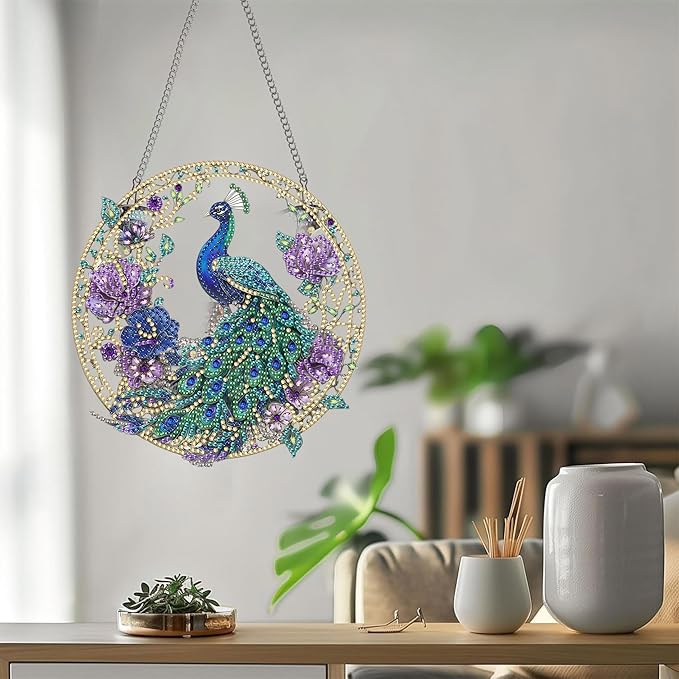 Bimkole Peacock Diamond Art Hanging Kit for Adult, DIY 5D Flower Animals Diamond Art Painting Window Pendant, Acrylic Crystal Art Hanging Ornament for Wall Home Garden Front Door Decor - 7.8x7.8 Inch