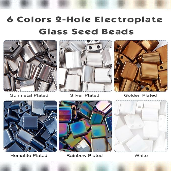 NBEADS 240 Pcs 6 Colors 2-Hole Beads, 5 * 5mm Glass Square Electroplate Seed Beads Pony Japanese for Jewelry Design Necklace Bracelet Earring Making