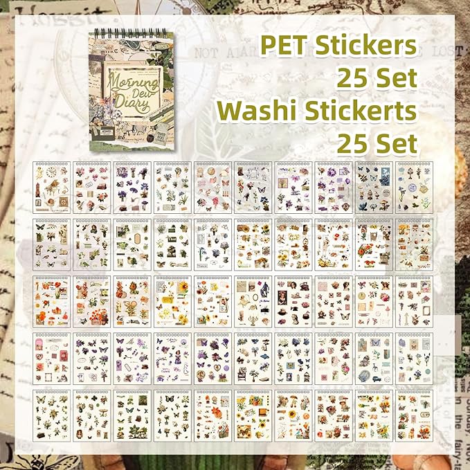 Uideyvi Morning Series Sticker Scrapbooking Supplies for Junk Journal, 25 Sheets Washi Stickers and 25 Sheets PET Stickers(TZ-010-002)