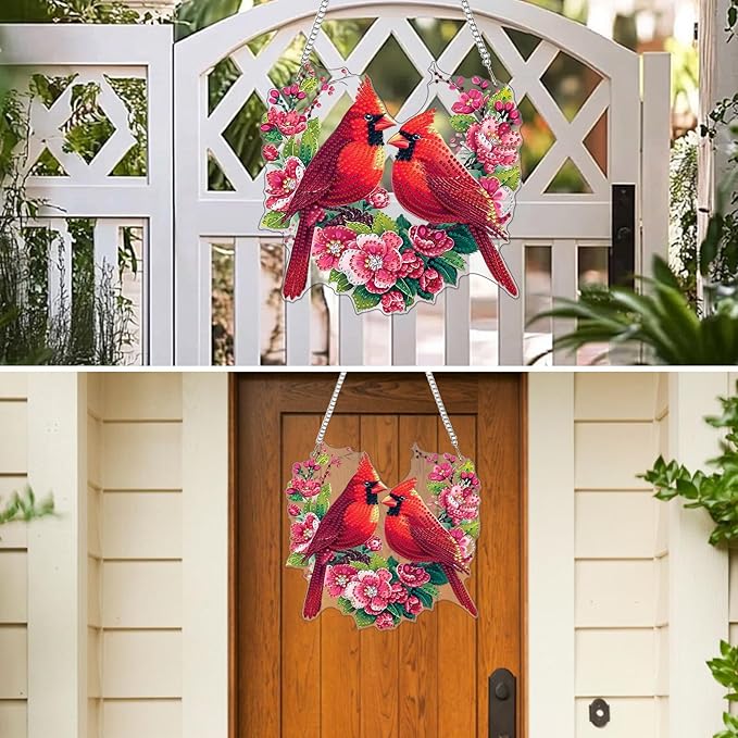 MXJSUA Valentine's Cardinals Special Shaped Hanging Diamond Painting Art Kits for Adults, Crystal Rhinestone Acrylic Gem Art Pendant Ornaments Kit for Home Decor and Gift 7.87 * 7.87 Inch