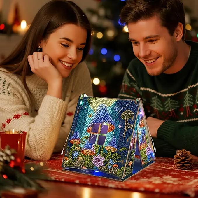 Party Ready 3D Diamond Painting Tent Craft Kit with LED Lights – Full Drill Crystal Mosaic Wood Puzzle, DIY Holiday Decorative Art for Home Display (Christmas Reindeer)