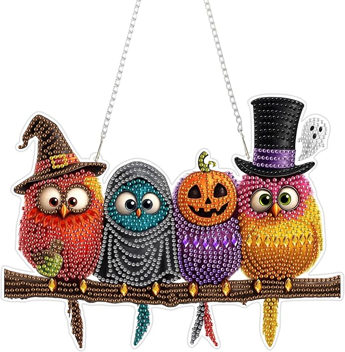 Eiflow Acrylic Diamond Art Hanging Kit for Adults Halloween Bird, DIY Diamonds Painting Door Hanger Board Kit, Special Crystal Diamond Art Painting Pendant Ornament