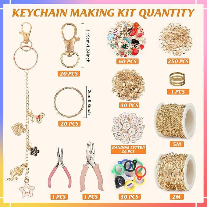 Starry 451 Pcs Lip Gloss Keychain Making Kit 126 Charms 22.97 ft Gold Chains with 30 Lipgloss Rubber Rings 20 Keychain Clips DIY Crafts for Women