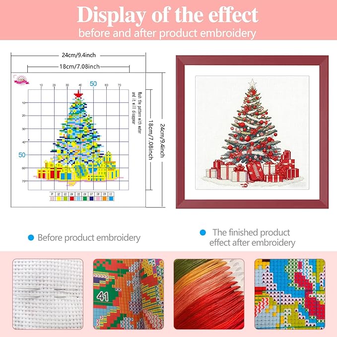 Zhenqing Christmas Tree Cross Stitch Kit – 11CT 9.45x9.45 Inch Aida Cloth with Gifts & Stars – Festive Red, Gold & Indigo Holiday Embroidery Set(67908)