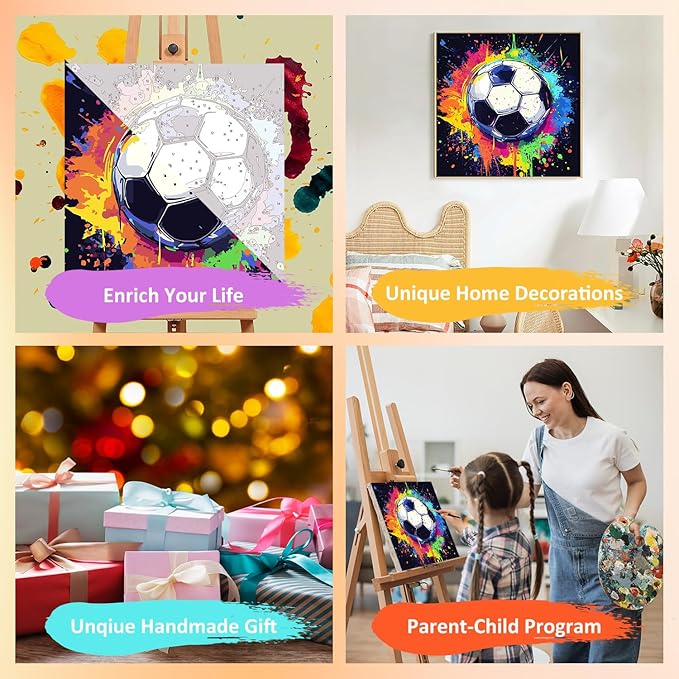Paint by Numbers Kit for Kids with Frame, Soccer Paint by Numbers for Kids Ages 4-8-12, DIY Soccer Acrylic Oil Painting for Home Wall Art Decor Gift 7.8x7.8 inch (with Frame Easel)