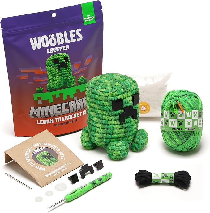 The Woobles Minecraft Crochet Kit – Beginner Crochet Kit for Adults, Easy Knitting Kit with Woobles Yarn, DIY Crafts, Crochet Animals, Minecrafts, Gift for Gamers & Crafters (Creeper)