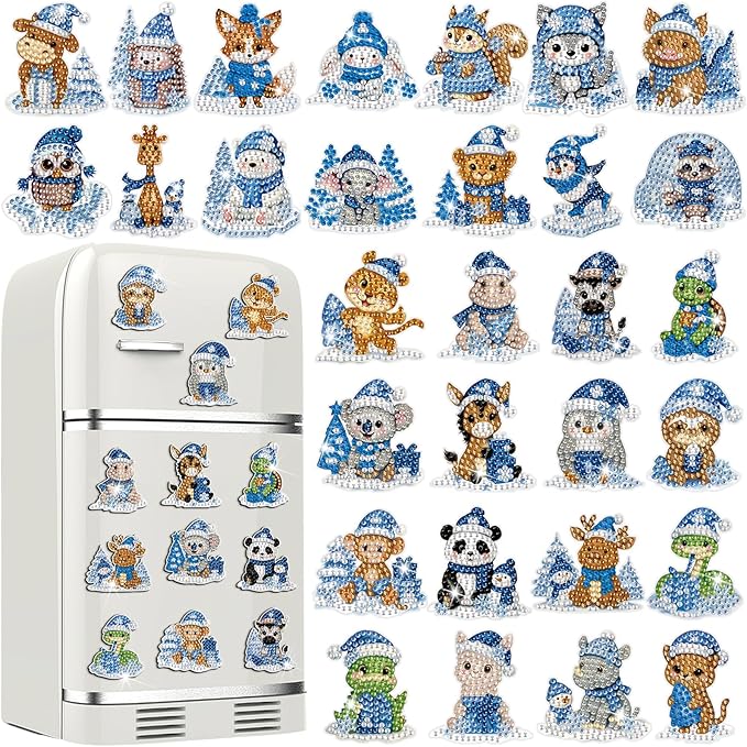 Xuhal 30 Pcs Winter Diamond Painting Magnets Winter Animal Diamond Art Kits for Adults 5d Rhinestone Blue Snowflake Christmas Animal Refrigerator Magnetic Sticker for DIY Craft Fridge