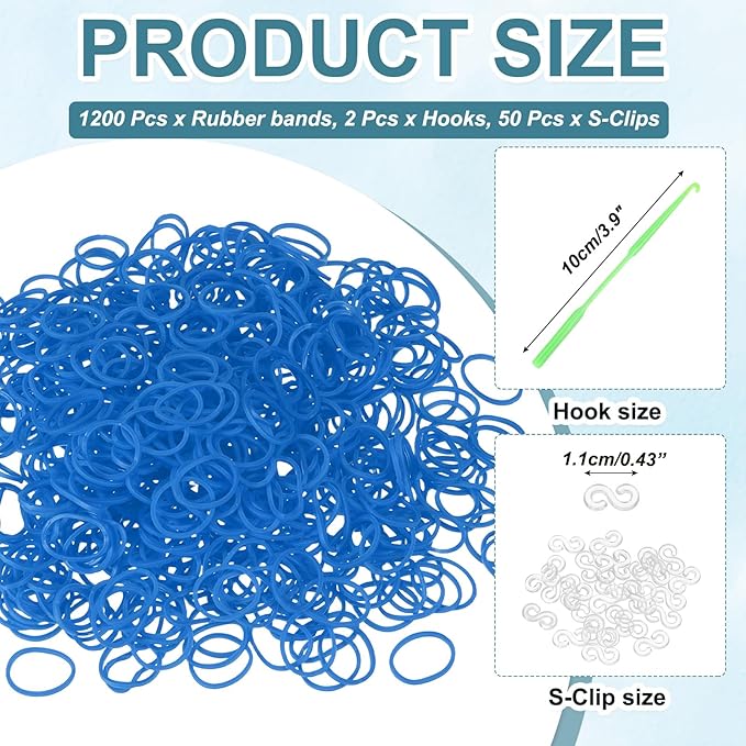MECCANIXITY 1200 Pcs Loom Rubber Bands Kit with 50 Pcs S-Clips 2-Hooks Rubber Bands Refill Bracelet Making Kits for Weaving DIY Handcrafts Gift, Blue