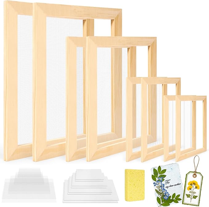 Caydo 4 Pieces Paper Making Frame Kit, Papermaking Mould and Deckle with Mesh, Absorbent Paper and Sponge for Kids Adults Supplies A4 A5 A6 A7(9.8" x 13",7.5" x 9.8",5" x 7", 4.5" x 5.7")