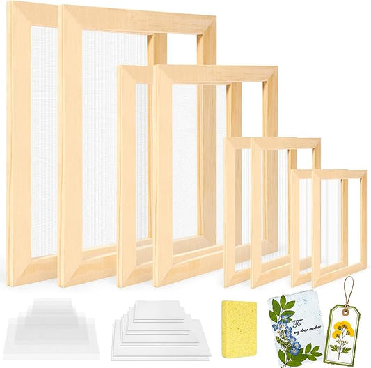 Caydo 4 Pieces Paper Making Frame Kit, Papermaking Mould and Deckle with Mesh, Absorbent Paper and Sponge for Kids Adults Supplies A4 A5 A6 A7(9.8" x 13",7.5" x 9.8",5" x 7", 4.5" x 5.7")
