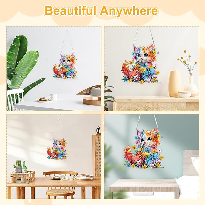 TOSTOG Pretty Cat Flower Diamond Art Pendant Kits for Adult, Cute Diamond Painting Hanging Kit for Beginners, 5D DIY Crafts Gem Art, Waterproof Full Accessories for Home Decor Idea 20 * 20 cm/8 * 8 in