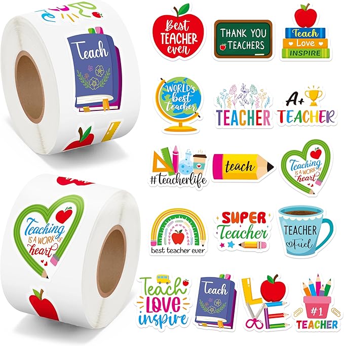 beyumi thank you teacher sticker - 1000pcs thank you teacher stickers in 2 rolls waterproof teach love inspire appreciation decals for gift laptop bottle notebook computer classroom decor kids student