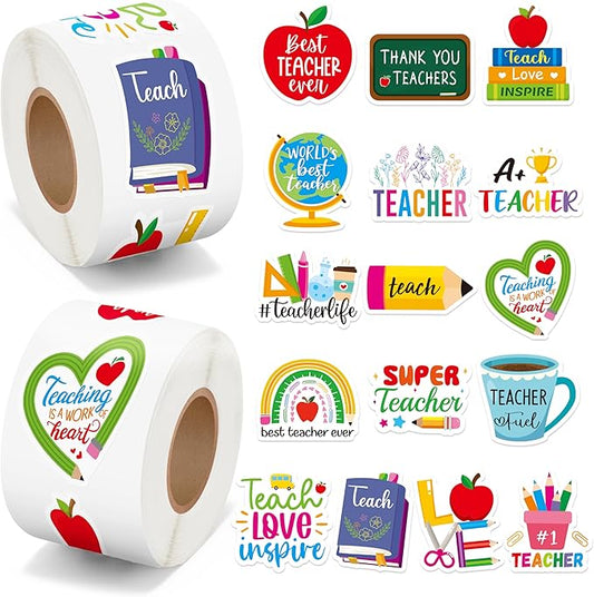 beyumi thank you teacher sticker - 1000pcs thank you teacher stickers in 2 rolls waterproof teach love inspire appreciation decals for gift laptop bottle notebook computer classroom decor kids student