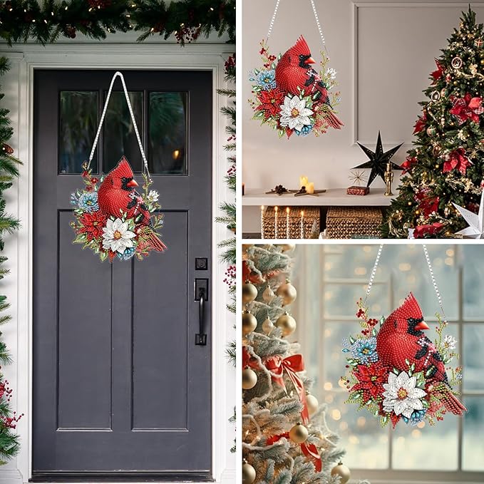 MEIYUDA Christmas Diamond Art Hanging Kits for Adult, Flowers Cardinal Diamond Painting Hanging Kits Ornaments, DIY Special Shaped Rhinestone Window Pendants kit for Home Garden Wall Decor Gift