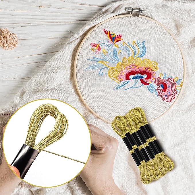 6 Skeins Embroidery Threads, Metallic Embroidery Floss Friendship Bracelet Cross Stitch Thread for Sewing Making Yarn Accessories Craft String Art Supplies (Gold)