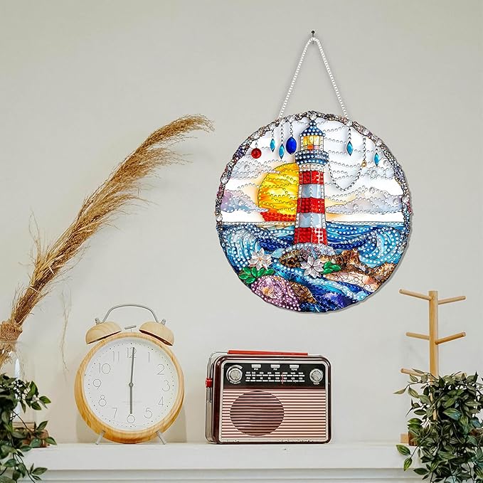 SKRYUIE Lighthouse Hanging Diamond Art Kits for Adults Pendant Suncatcher, Special Shaped Crystal DIY Pearl Diamond Painting Kit, Gift for Mother Spring Summer Window Wreath Decor 3.35 x 3.15 Inch A18