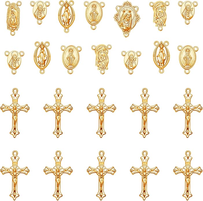 60Pcs/30Sets Rosary Making Kits Supplies Religion Cross and Center Medal Charms Jesus Crucifix Oval Alloy Pendant for Diy Prayer Necklace Catholic Jewelry