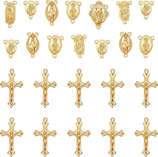 60Pcs/30Sets Rosary Making Kits Supplies Religion Cross and Center Medal Charms Jesus Crucifix Oval Alloy Pendant for Diy Prayer Necklace Catholic Jewelry