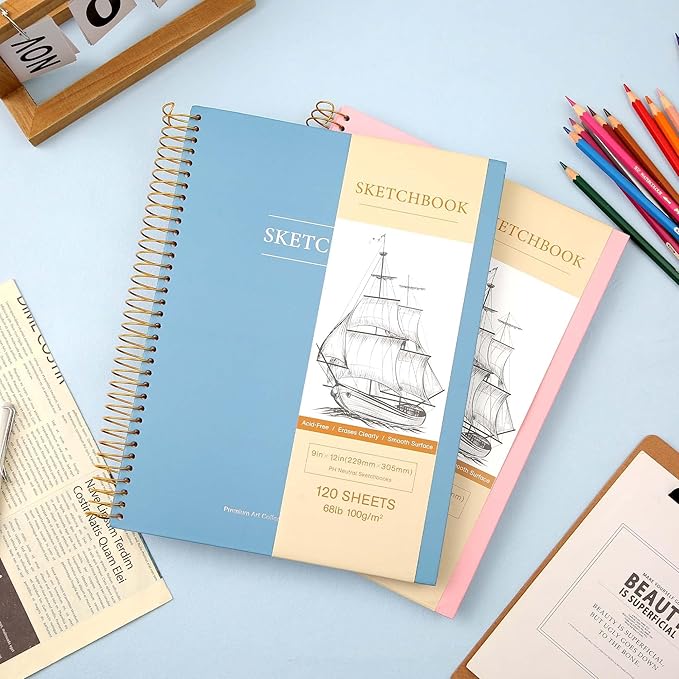 9 x 12 inches Hardcover Sketchbook for Drawing 120 Sheets Spiral Bound Sketch Pad Premium Art Sketchbook Artistic Drawing Painting Writing Paper(68lb/100gsm) for Kids Adults Beginners Artists, Blue
