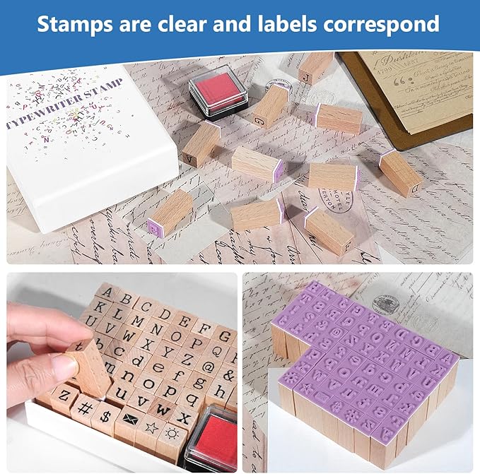61 PCS Small Letter Stamps and Ink Pad for Crafting, Clay Alphabet Wooden Rubber Stamp Kit, DIY Craft Scrapbook Supplies for Card Making (Small-63PCS)