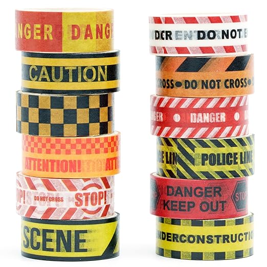 12 Rolls Warning Washi Tape Set Hazard & Caution Pattern Adhesive Tapes Police Line & Industrial Style Decorative Masking Tape for Craft, Scrapbook, DIY, Gift Wrapping (Hazard Zone)