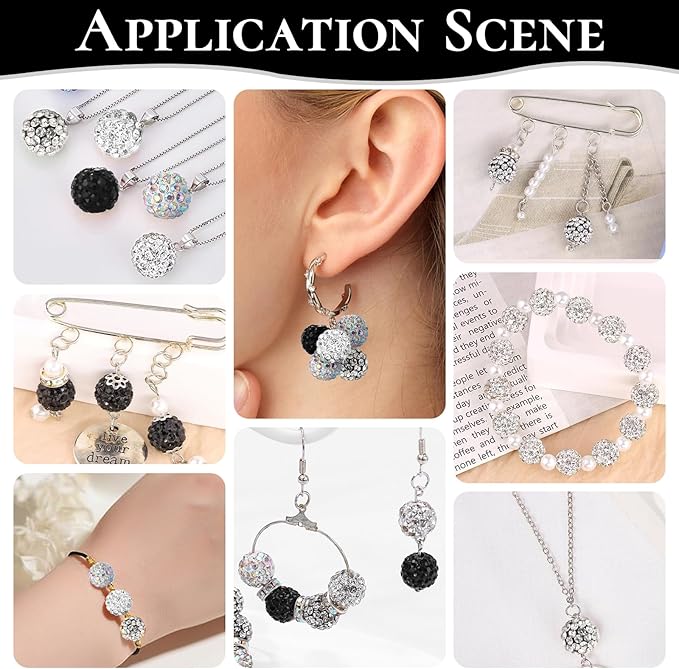 Novani 288pcs 10mm Round Rhinestone Beads for Jewelry Making, Clay Material, Black Color, Sparkle Disco Ball Effect, DIY Bracelet, Necklace, Earring, Christmas Decoration