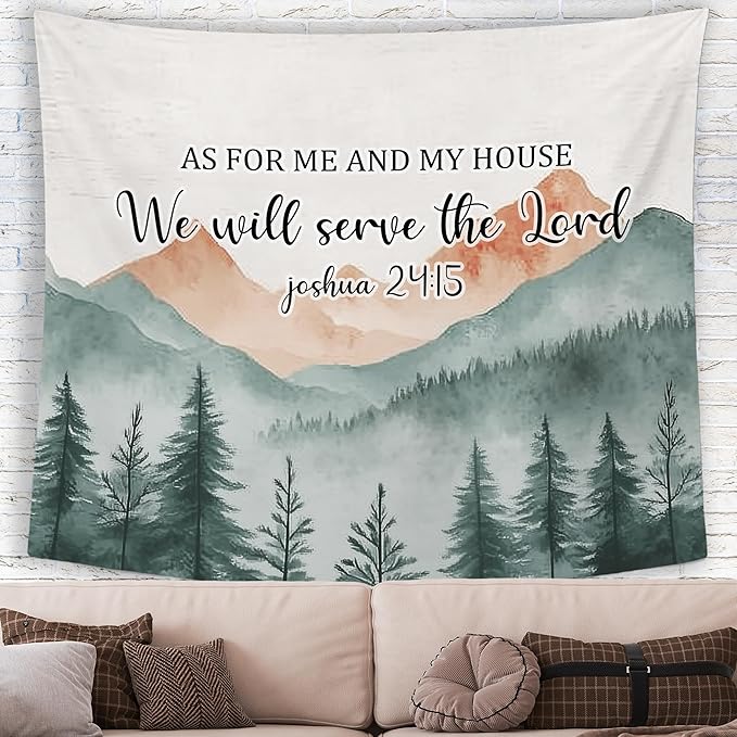 MNASAIOO Christian Mountian Wall Tapestry Hanging for Bedroom, Bible Verse Scripture We Will Serve The Lord Tapestries, Watercolor Religious Wall Decor Banner for Living Prayer Room Church 50x60in