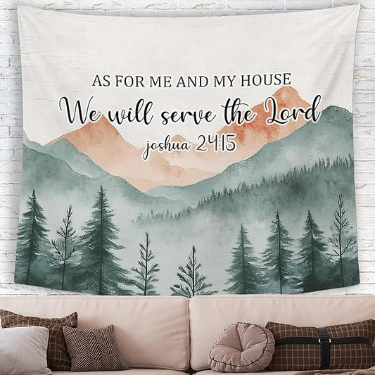 MNASAIOO Christian Mountian Wall Tapestry Hanging for Bedroom, Bible Verse Scripture We Will Serve The Lord Tapestries, Watercolor Religious Wall Decor Banner for Living Prayer Room Church 50x60in